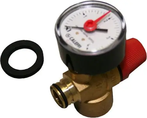 Sicherheitsventil mit integriertem Manometer. Das Gerät hat einen roten Einstellknopf und ist aus Messing gefertigt. Die Marke Bosch ist erkennbar.